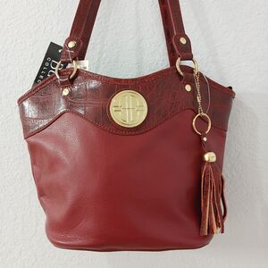 NEW BUENO COLLECTION Tote Handbag Red Faux Leather Tassel Gold Accents #P2